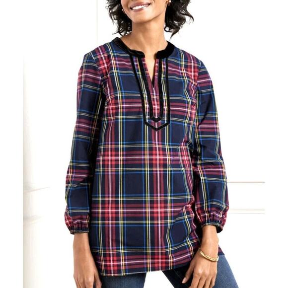 Talbots Split Neck Tunic Top Womens Size L Petite PL Cabin Plaid Blue & Red - Picture 1 of 7